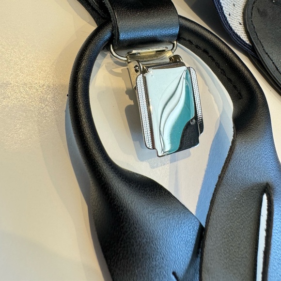 Navy Blue Elastic Suspenders with Leather trim and metal Clips - Picture 2 of 3